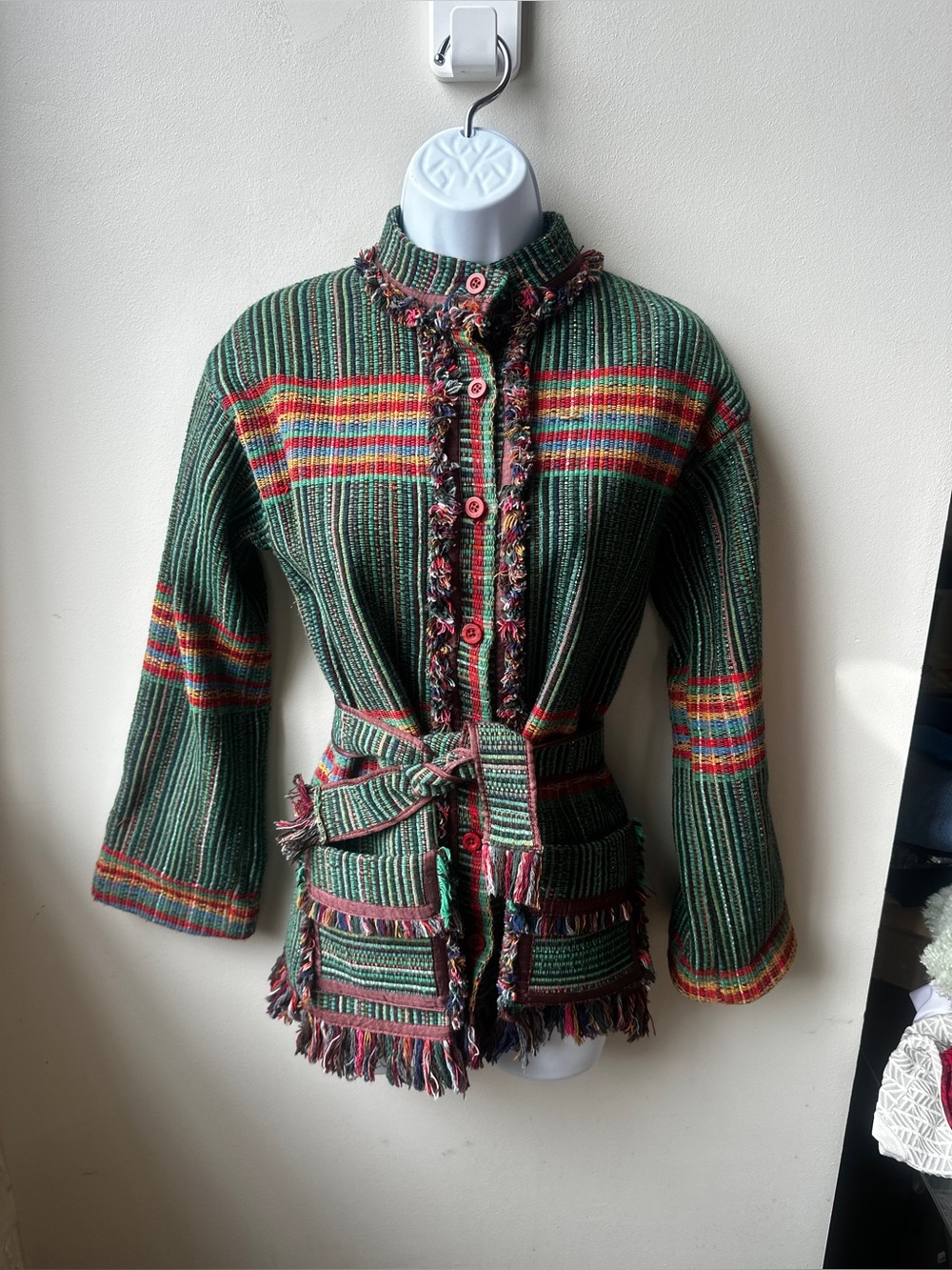 VTG 70s Green Woven Fringe Belted Jacket Multicolor Stripe Boho Artisan Coat S/M